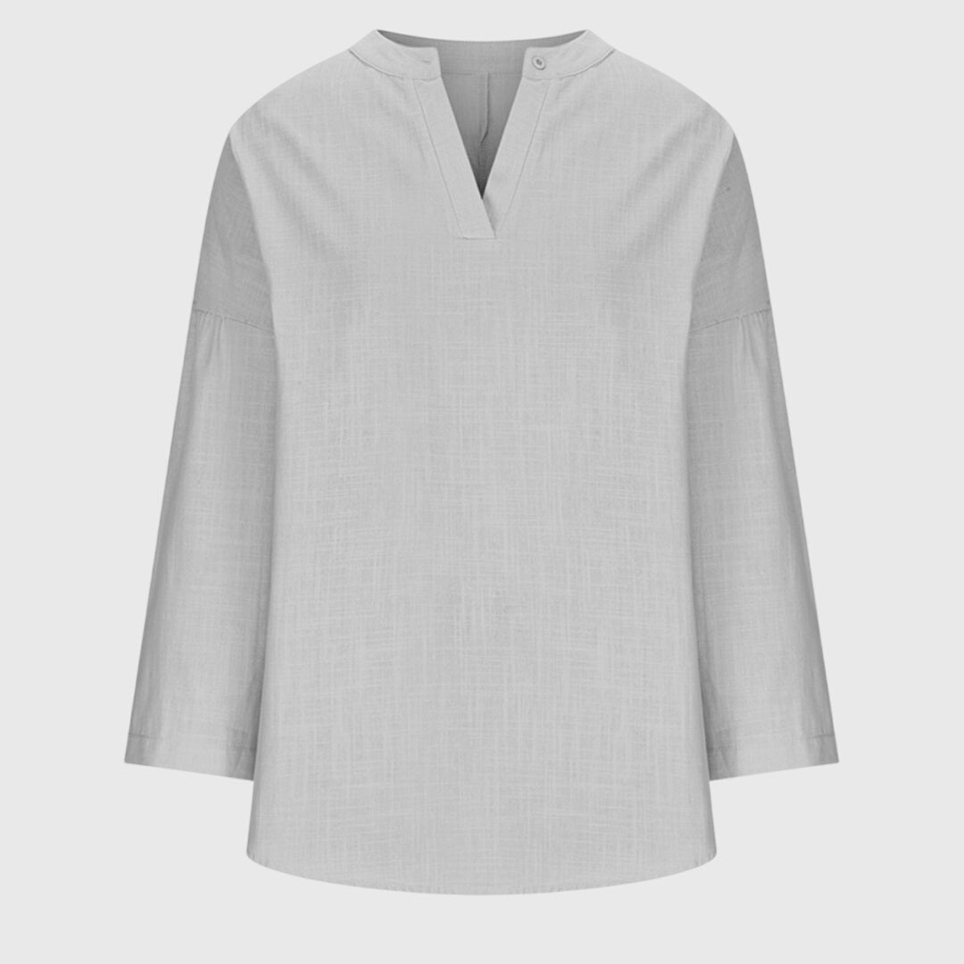 Celestine Waverly | Flowy Light Blue Linen V-Neck Blouse