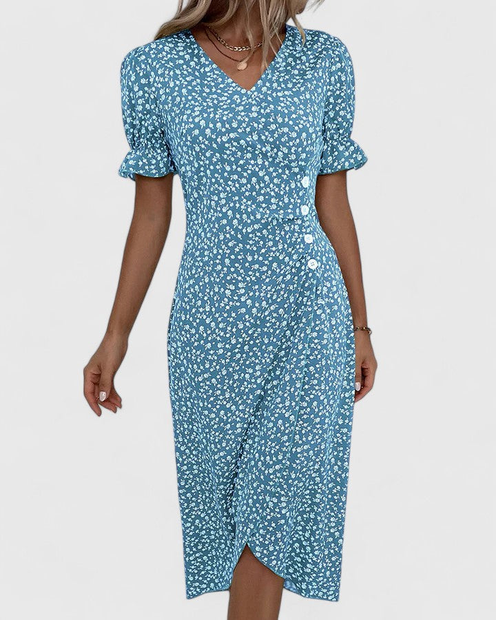 Eleonore Dubreuil | Green Ditsy Floral Midi Dress with Button Detail