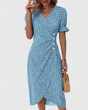 Eleonore Dubreuil | Green Ditsy Floral Midi Dress with Button Detail