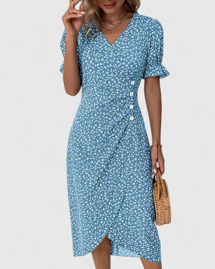 Eleonore Dubreuil | Green Ditsy Floral Midi Dress with Button Detail