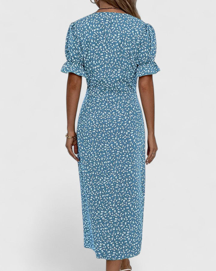 Eleonore Dubreuil | Green Ditsy Floral Midi Dress with Button Detail