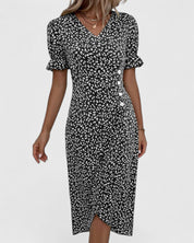 Eleonore Dubreuil | Green Ditsy Floral Midi Dress with Button Detail