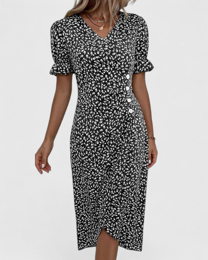 Eleonore Dubreuil | Green Ditsy Floral Midi Dress with Button Detail