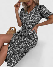 Eleonore Dubreuil | Green Ditsy Floral Midi Dress with Button Detail