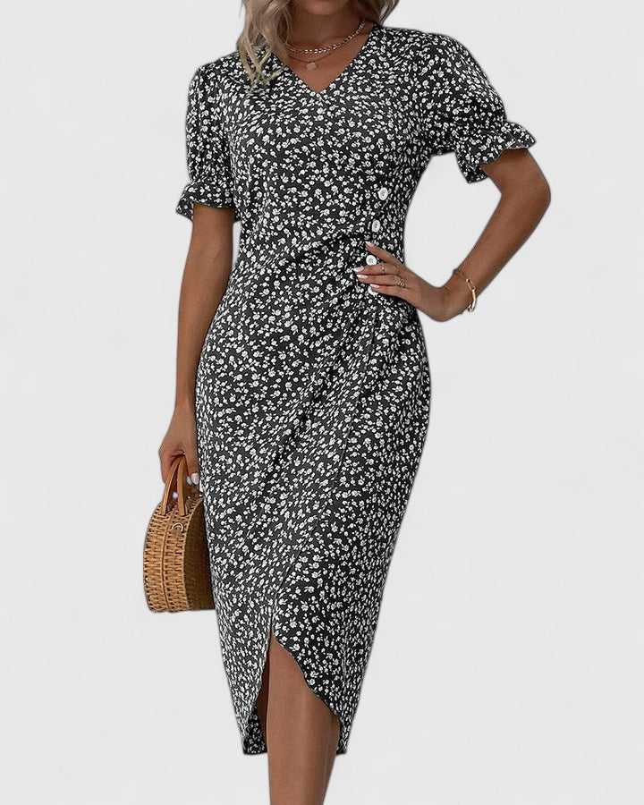 Eleonore Dubreuil | Green Ditsy Floral Midi Dress with Button Detail
