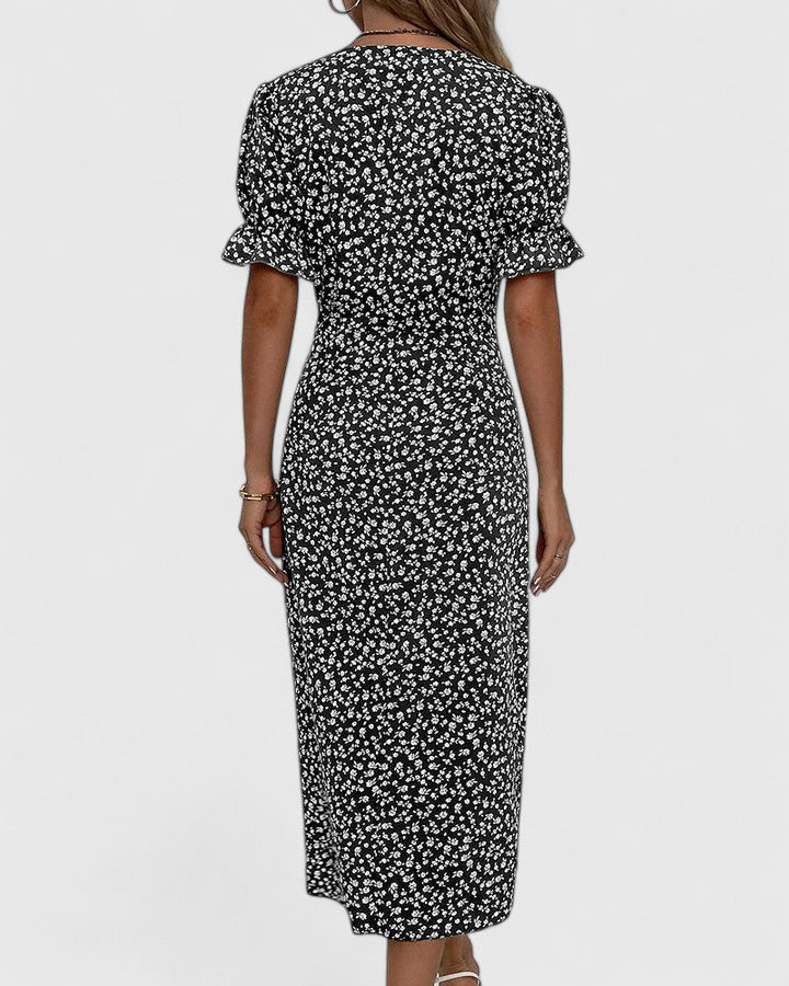 Eleonore Dubreuil | Green Ditsy Floral Midi Dress with Button Detail