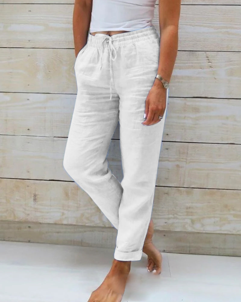Florence Beauregard | Light Blue Linen-Cotton Drawstring Trousers