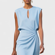 Claudine Beauverne | Light Blue Sleeveless Ruched Midi Dress