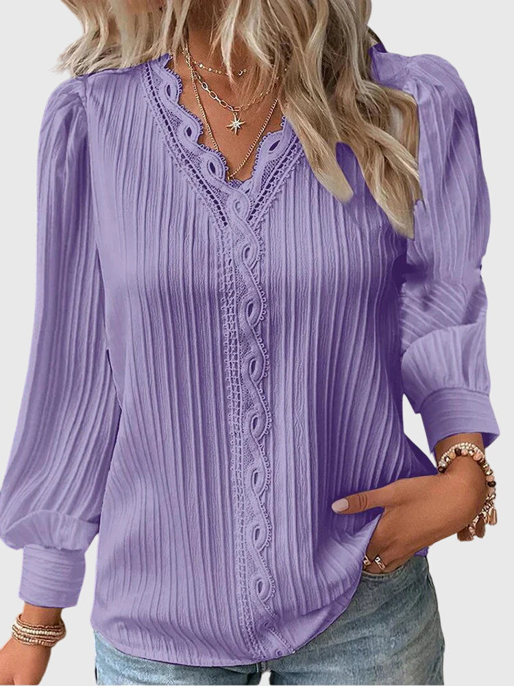 Amélie Chanteclair | Yellow Lace Trim V-Neck Long Sleeve Blouse