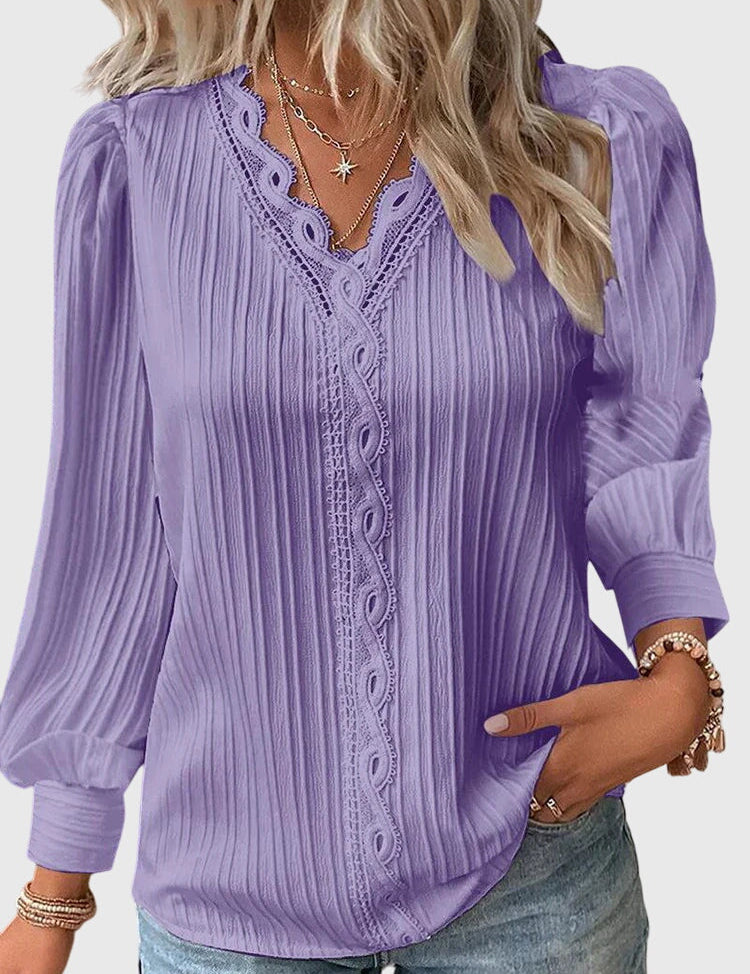 Amélie Chanteclair | Yellow Lace Trim V-Neck Long Sleeve Blouse