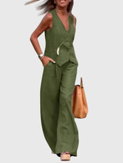 Céline Beauvernet | Khaki Linen-Look Wide-Leg Two-Piece Vest Set