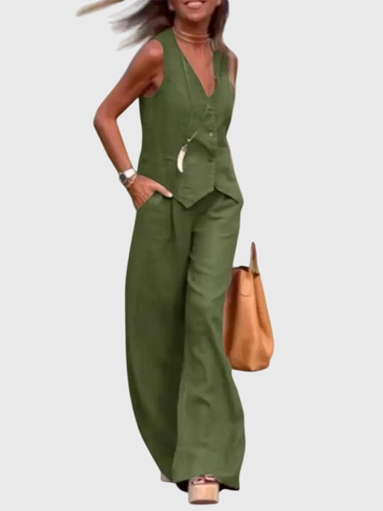 Céline Beauvernet | Khaki Linen-Look Wide-Leg Two-Piece Vest Set