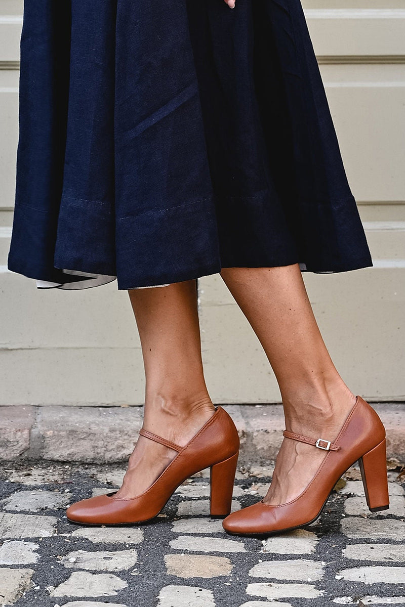 Lisette Beauregard | Mary Jane Block Heel Pump in Tan Leather