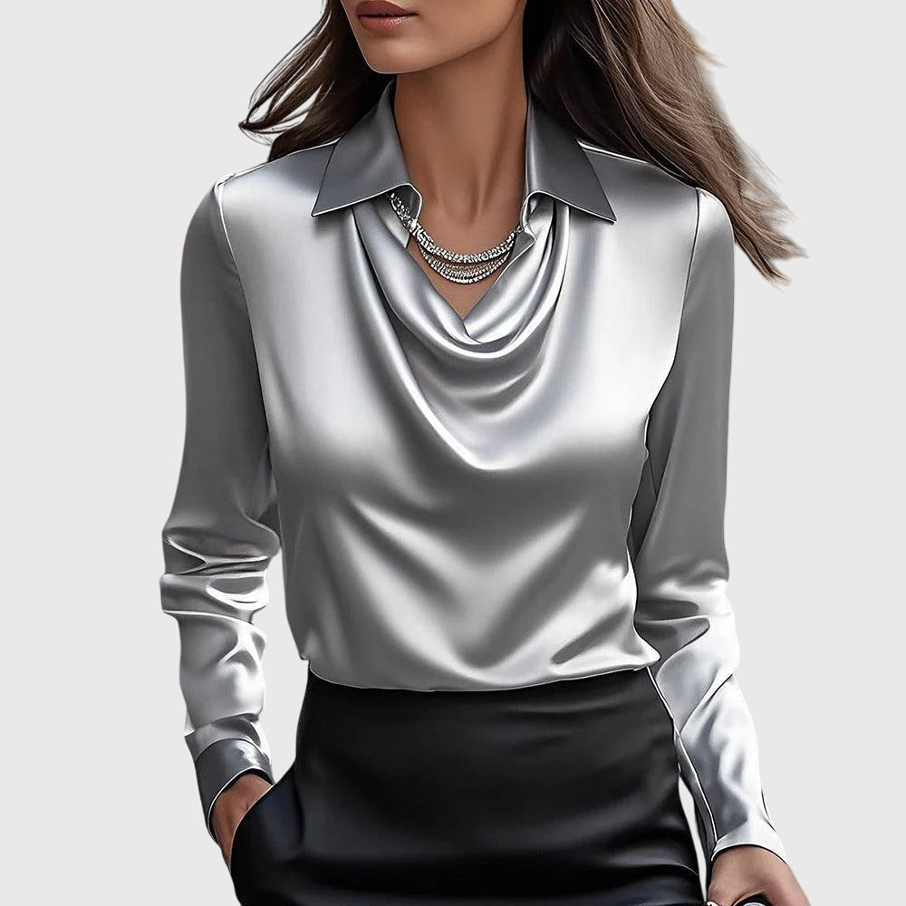 Séraphelle Wyndcourt | Satin Cowl-Neck Blouse in Champagne