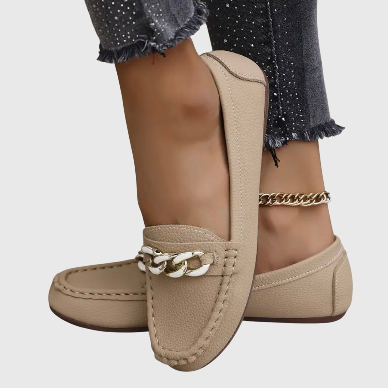 Elspeth Montrouge | White Flat Loafers with Gold Chain Detail