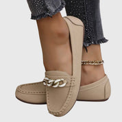 Elspeth Montrouge | White Flat Loafers with Gold Chain Detail