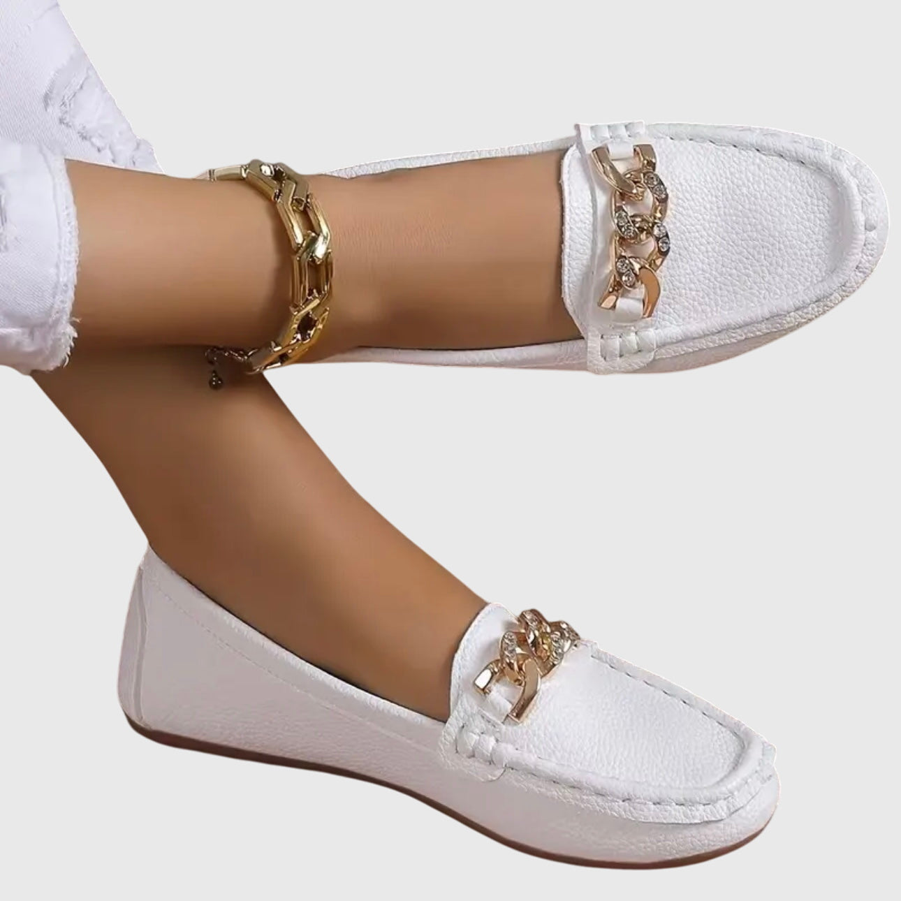 Elspeth Montrouge | White Flat Loafers with Gold Chain Detail