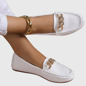 Elspeth Montrouge | White Flat Loafers with Gold Chain Detail