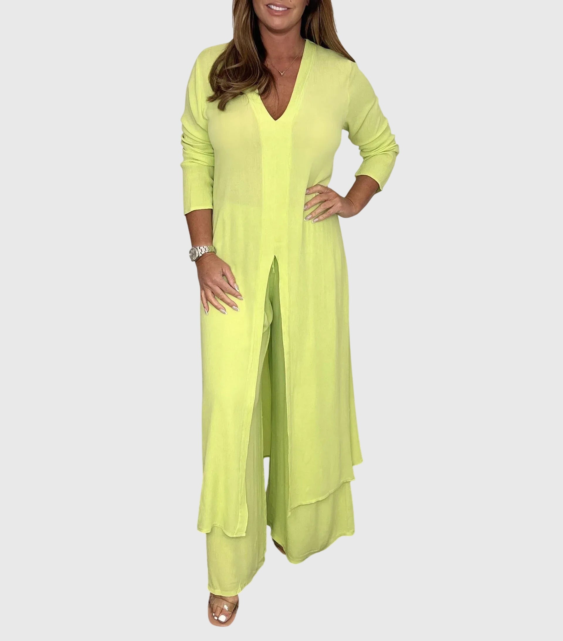 Vivienne Lacourte | Sage Green Long Blouse & Wide-Leg Pants Matching Set