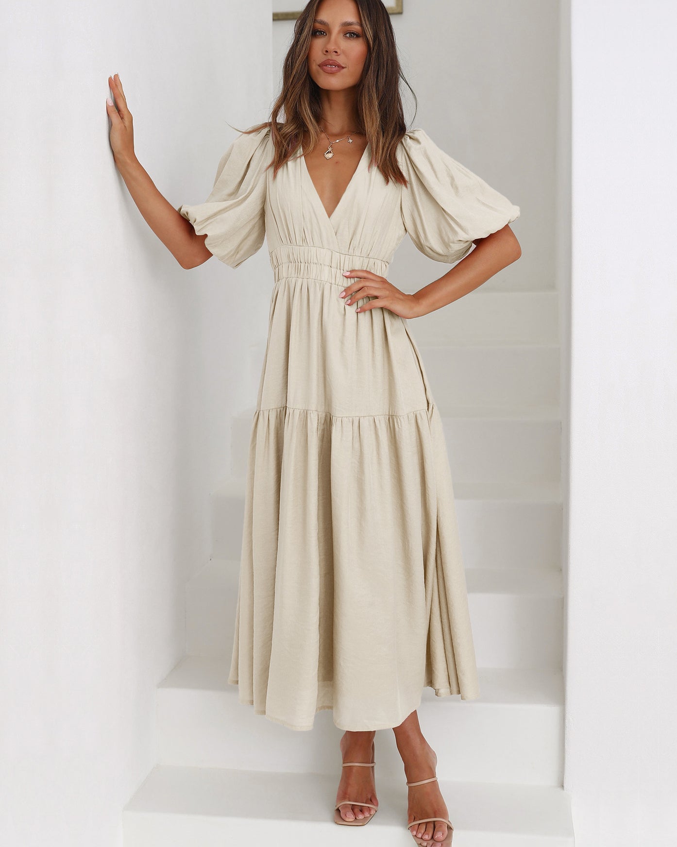 Genevra Saintbourne | Black V-Neck Puff Sleeve Midi Dress with Smocked Waist
