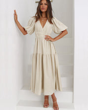 Genevra Saintbourne | Black V-Neck Puff Sleeve Midi Dress with Smocked Waist