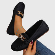 Elspeth Montrouge | White Flat Loafers with Gold Chain Detail