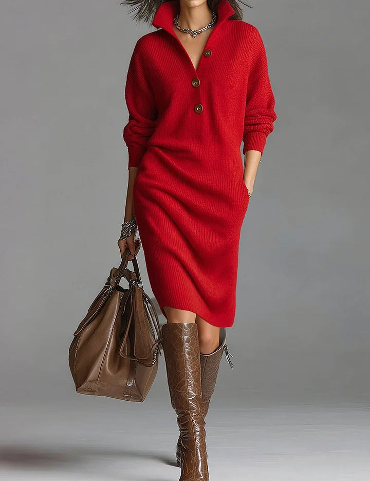 Emmeline Vautrin | Yellow Knit Midi Sweater Dress with Button Collar
