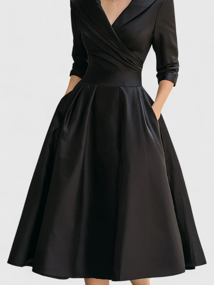 Rosalinde Chantecourt | Black A-Line Midi Dress with 3/4 Sleeves