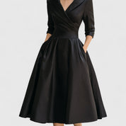Margolaine Sinclair | Navy Blue A-Line Satin Midi Dress with 3/4 Sleeves