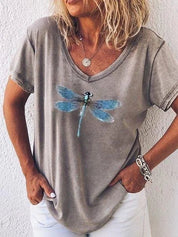 Celestine Roquefort | Dragonfly Print V-Neck Washed Pink Tee