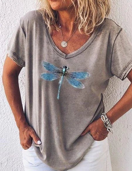 Celestine Roquefort | Dragonfly Print V-Neck Washed Pink Tee