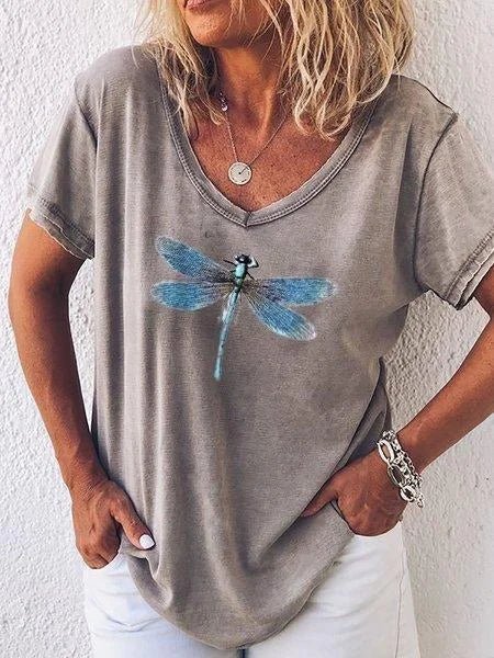 Celestine Roquefort | Dragonfly Print V-Neck Washed Pink Tee