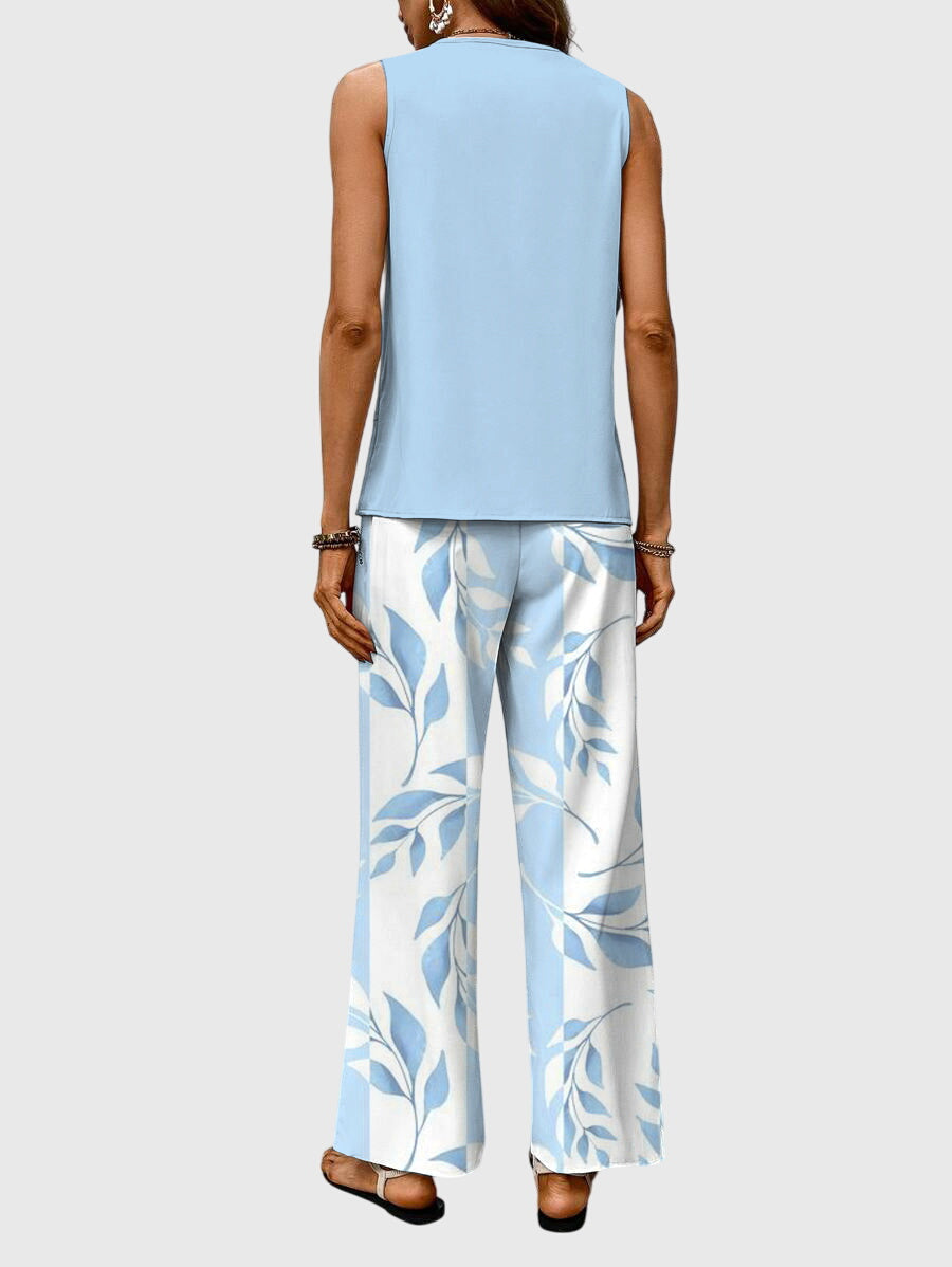 Luciana Whitford | Blue Leaf Print Sleeveless Two-Piece Set