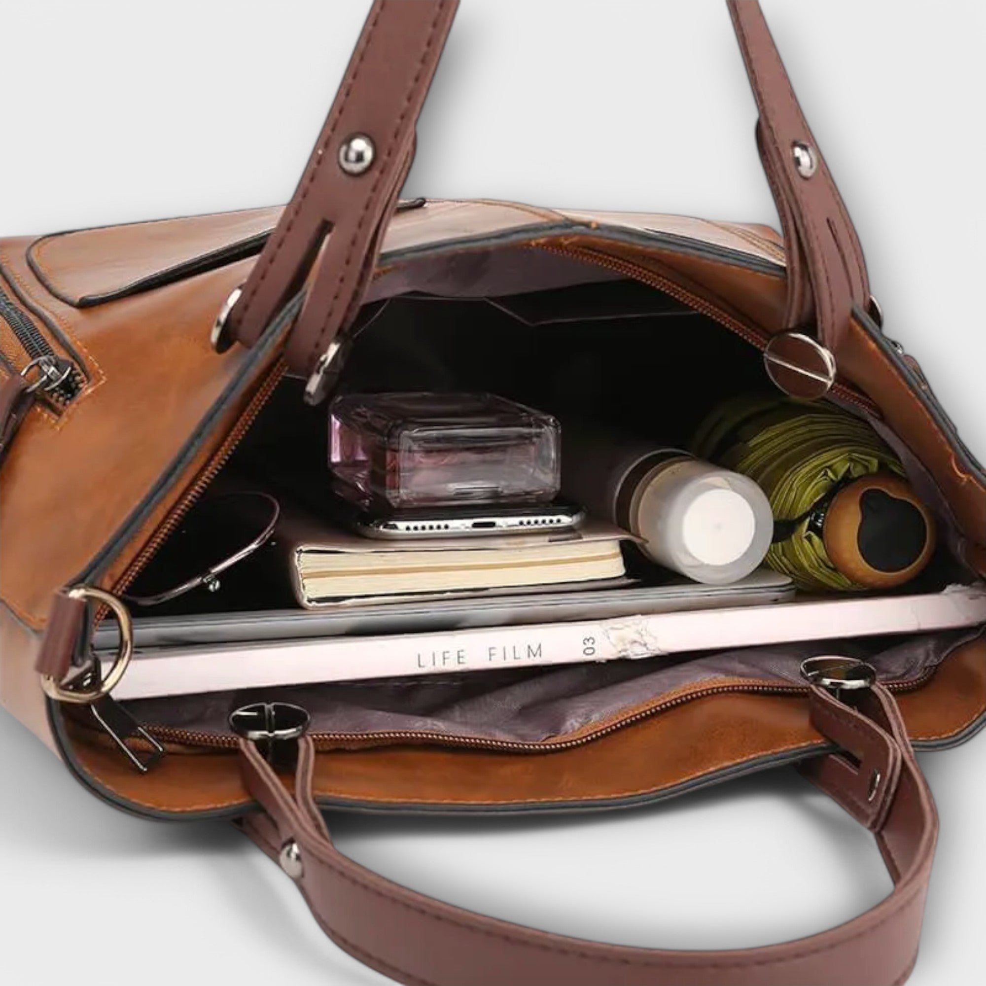 Beatrice Wyndmere | Brown Faux Leather Tote Bag with Front Pockets