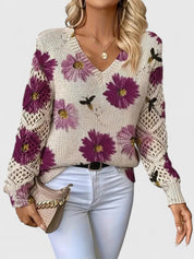 Rosalinde Fonteclair | Floral Knit V-Neck Sweater with Lace Sleeves