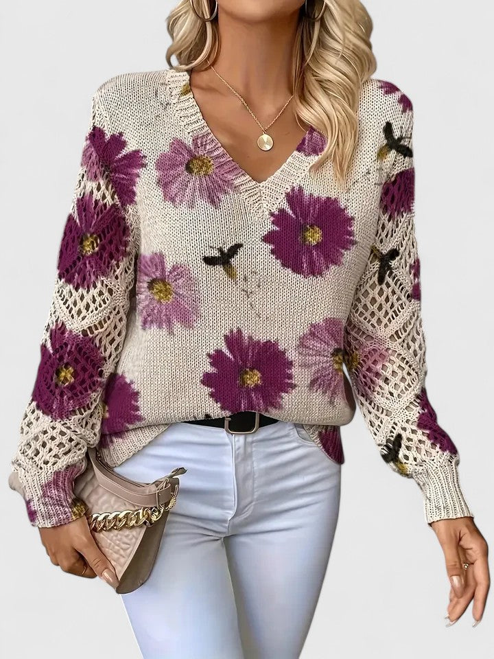 Rosalinde Fonteclair | Floral Knit V-Neck Sweater with Lace Sleeves
