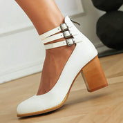 Mathilde Renoncourt | Tan Block Heel with Double Ankle Strap
