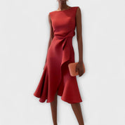 Celestine Beauvray | Red Sleeveless Asymmetric Draped Midi Dress