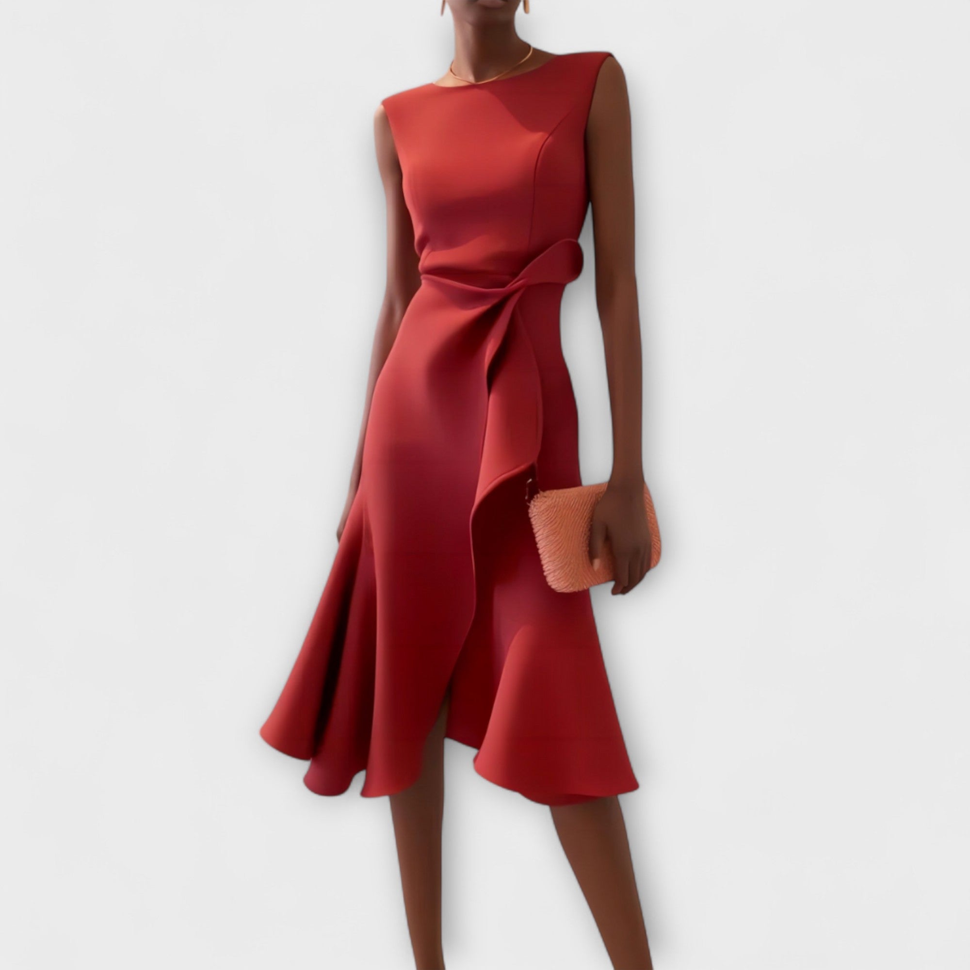 Celestine Beauvray | Red Sleeveless Asymmetric Draped Midi Dress