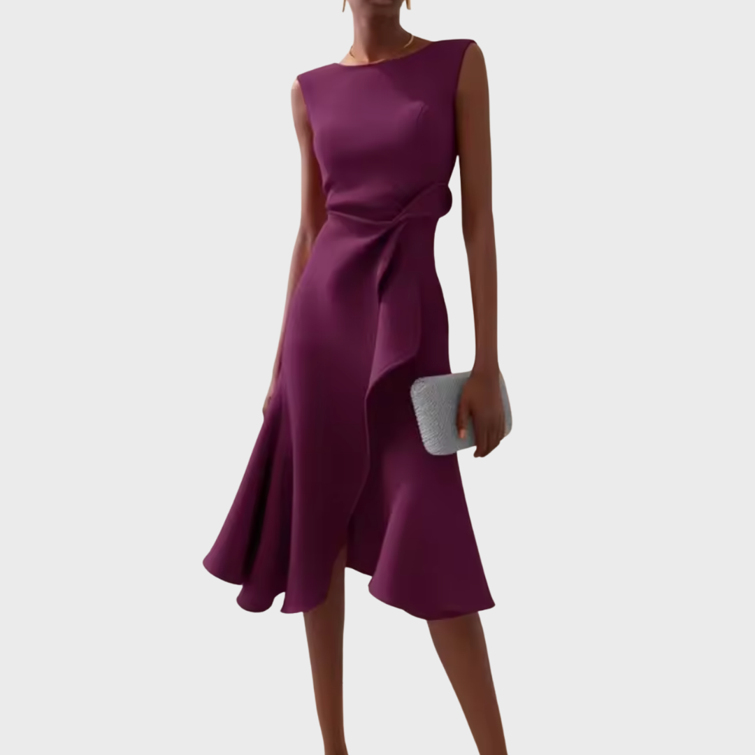 Celestine Beauvray | Red Sleeveless Asymmetric Draped Midi Dress