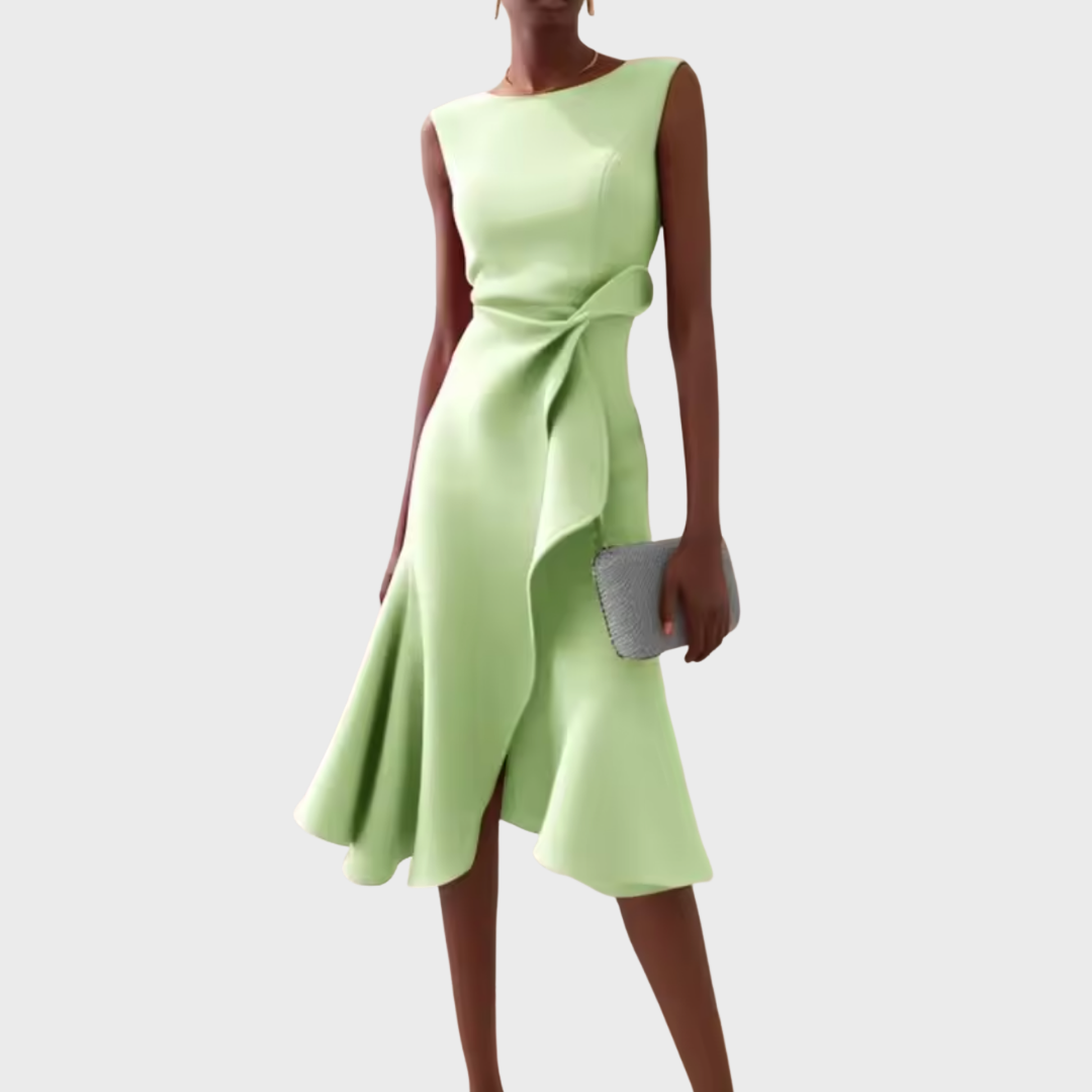 Celestine Beauvray | Red Sleeveless Asymmetric Draped Midi Dress