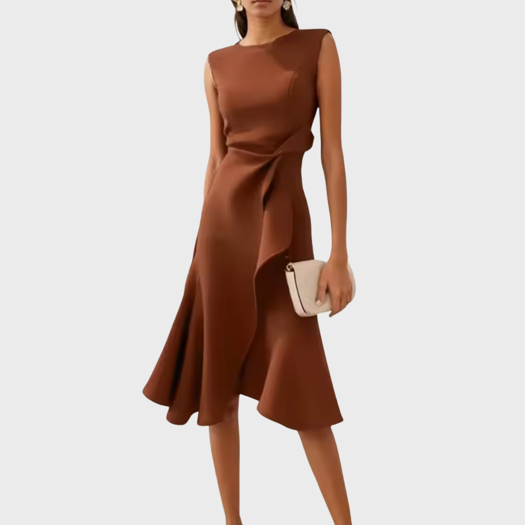Celestine Beauvray | Red Sleeveless Asymmetric Draped Midi Dress