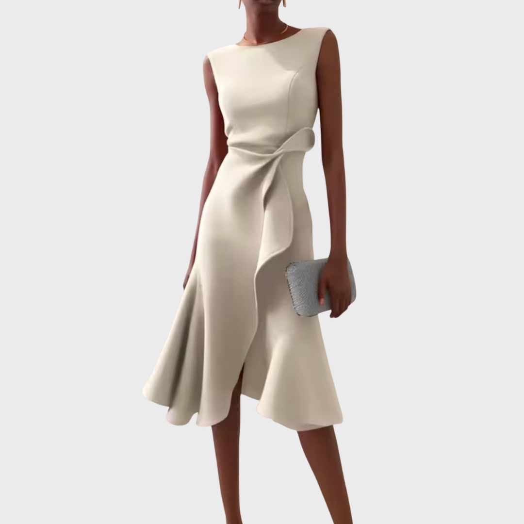 Celestine Beauvray | Red Sleeveless Asymmetric Draped Midi Dress