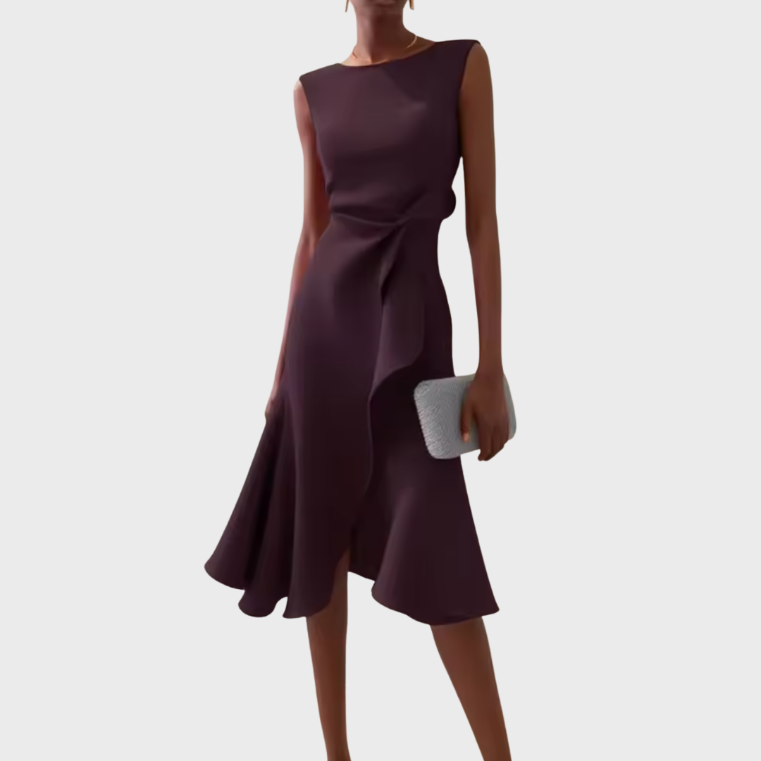 Celestine Beauvray | Red Sleeveless Asymmetric Draped Midi Dress
