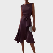 Celestine Beauvray | Red Sleeveless Asymmetric Draped Midi Dress