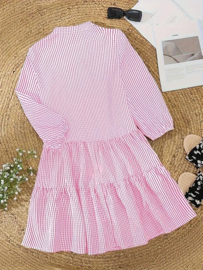 Elaine Rosecourt | Pink Gingham Button-Down Mini Dress with 3/4 Sleeves
