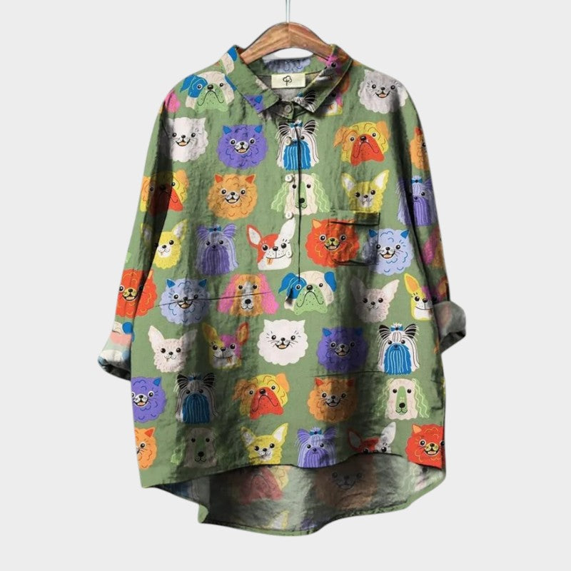 Lisette Fontvielle | Purple Cartoon Dog Print Linen Blouse