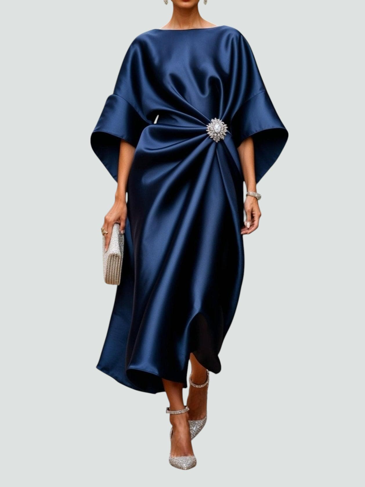 Ophelia Grandcourt | Navy Blue Satin Batwing Midi Dress