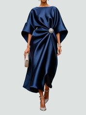 Ophelia Grandcourt | Navy Blue Satin Batwing Midi Dress