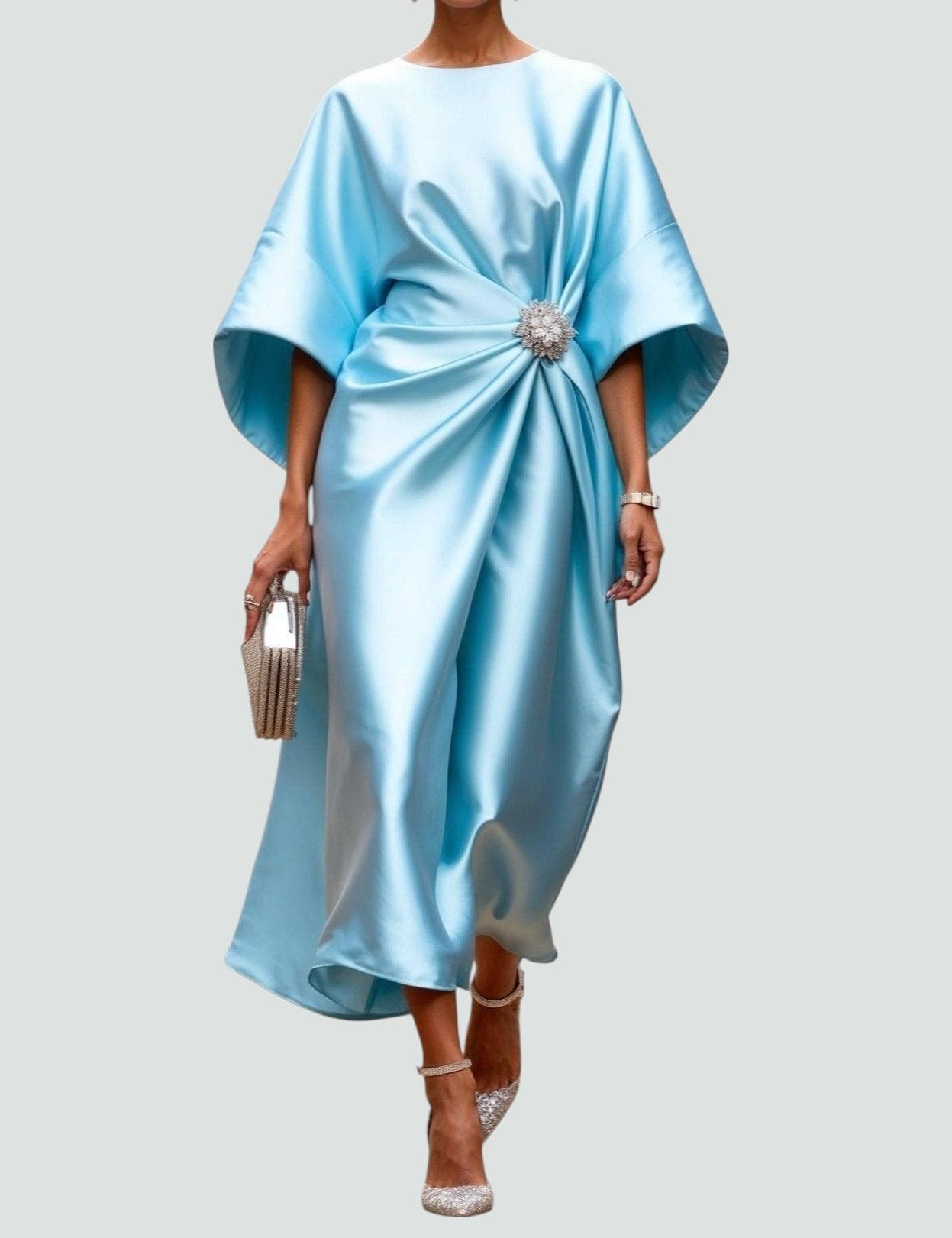 Ophelia Grandcourt | Navy Blue Satin Batwing Midi Dress